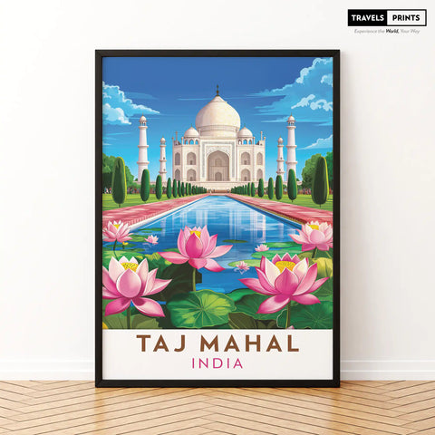 Taj Mahal, India Travel Poster - Iconic Architecture and Majestic Beauty Wall Art