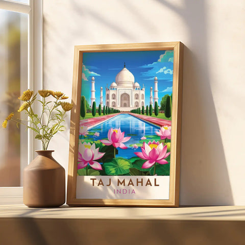 Taj Mahal, India Travel Poster - Iconic Architecture and Majestic Beauty Wall Art